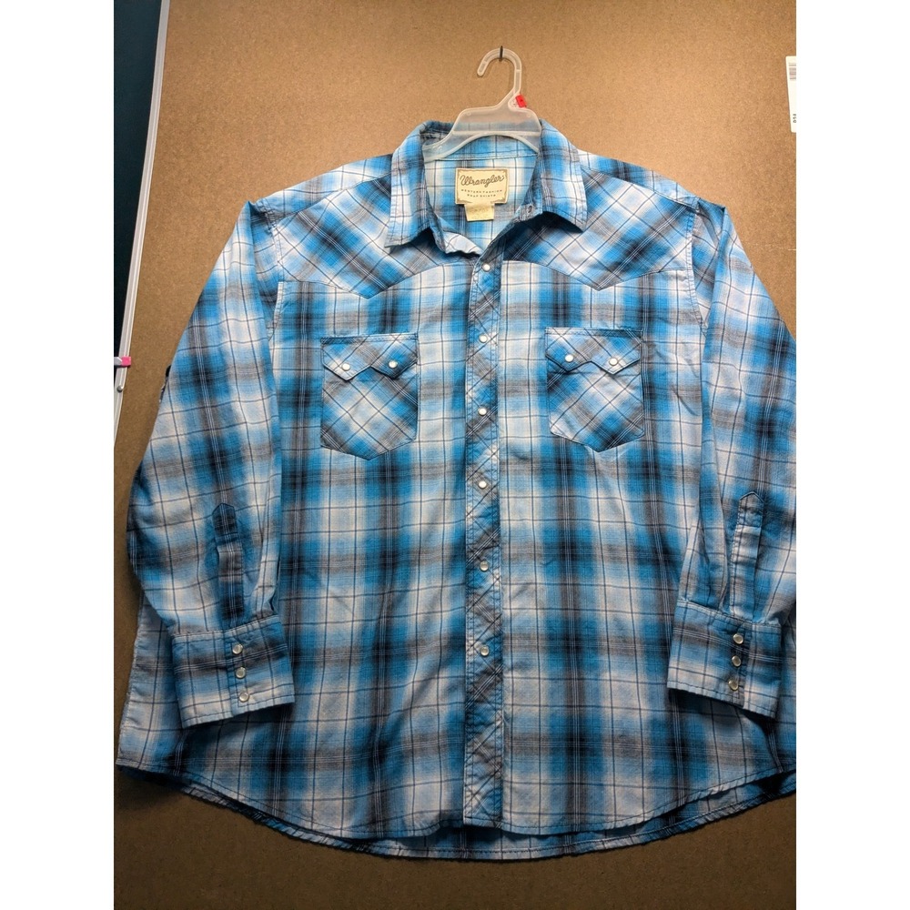 Wrangler Western Fashion Snap Shirt Mens 2XL Blue Plaid Pearl Snap Long Sleeve